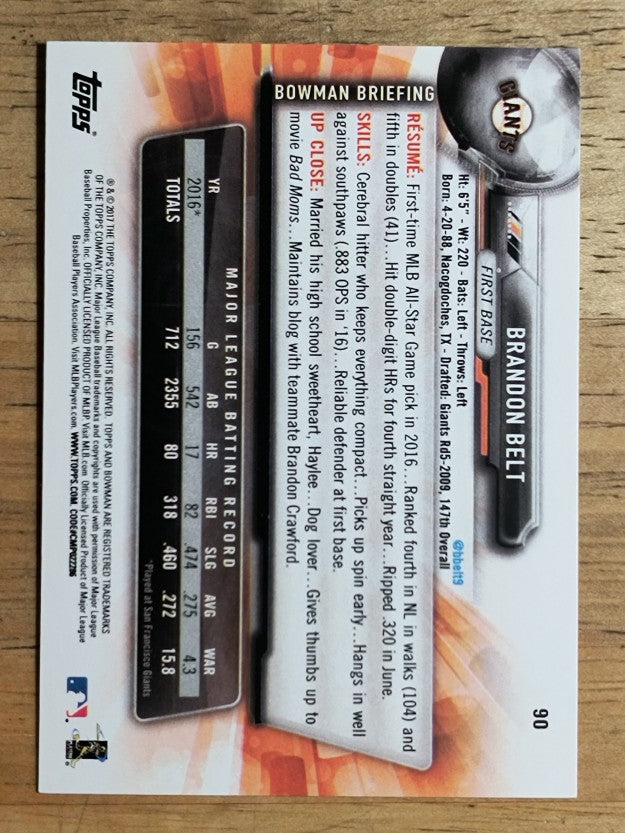 2017 Bowman #90 Brandon Belt
