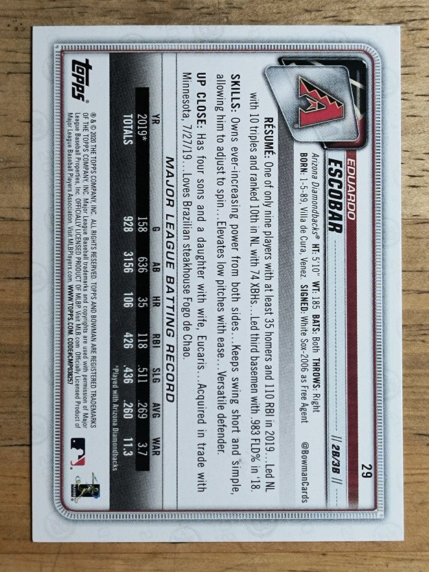 2020 Bowman #29 Eduardo Escobar