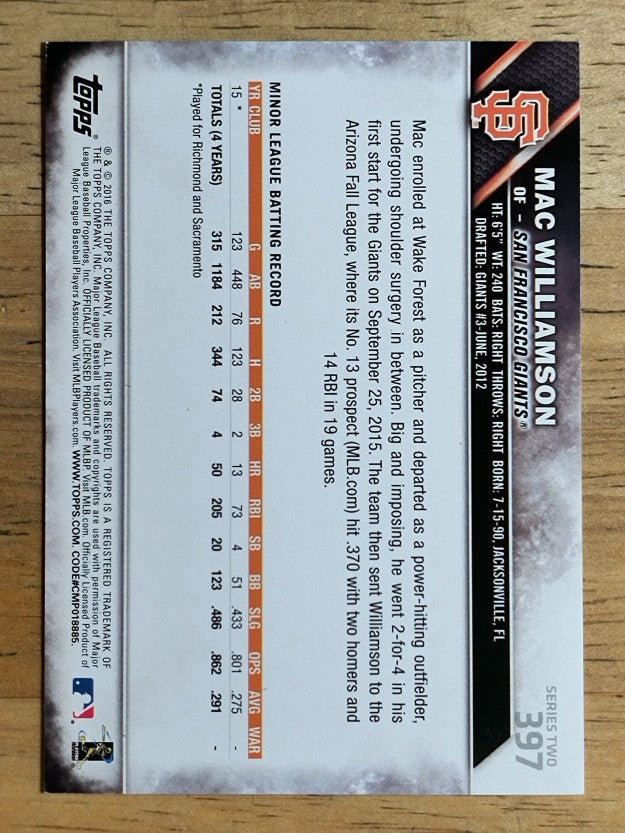 2016 Topps Factory Set Sparkle Foil #397 Mac Williamson