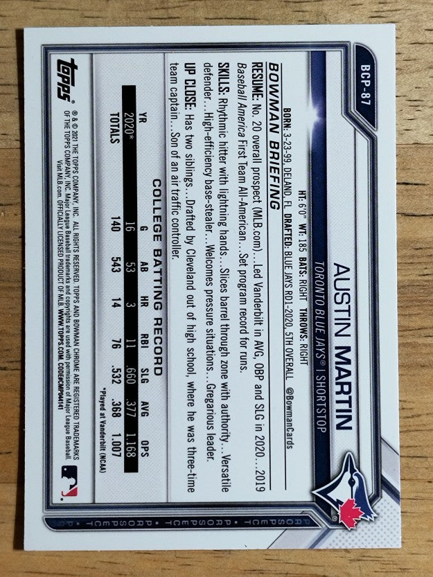 2021 Bowman Chrome Prospects Atomic Refractors #BCP87 Austin Martin