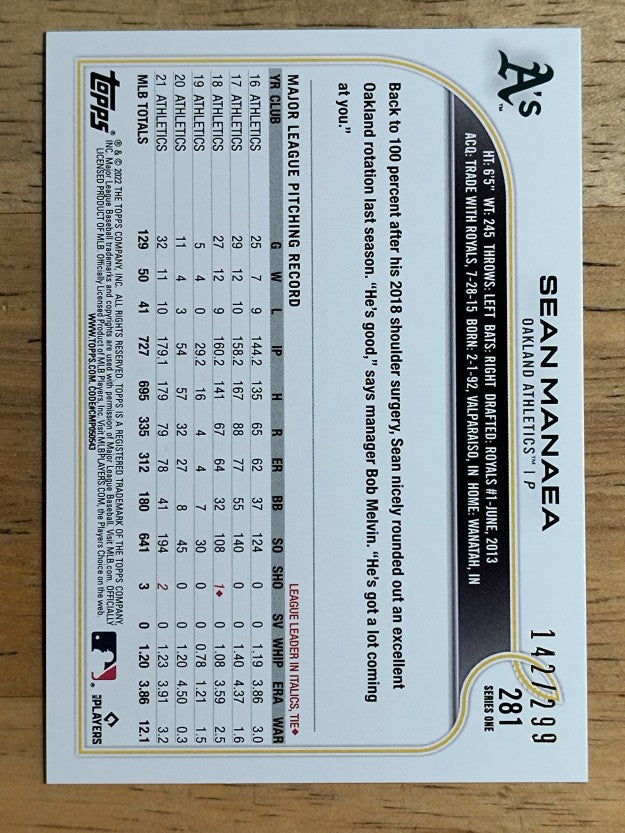 2022 Topps Orange Foilboard #281 Sean Manaea
