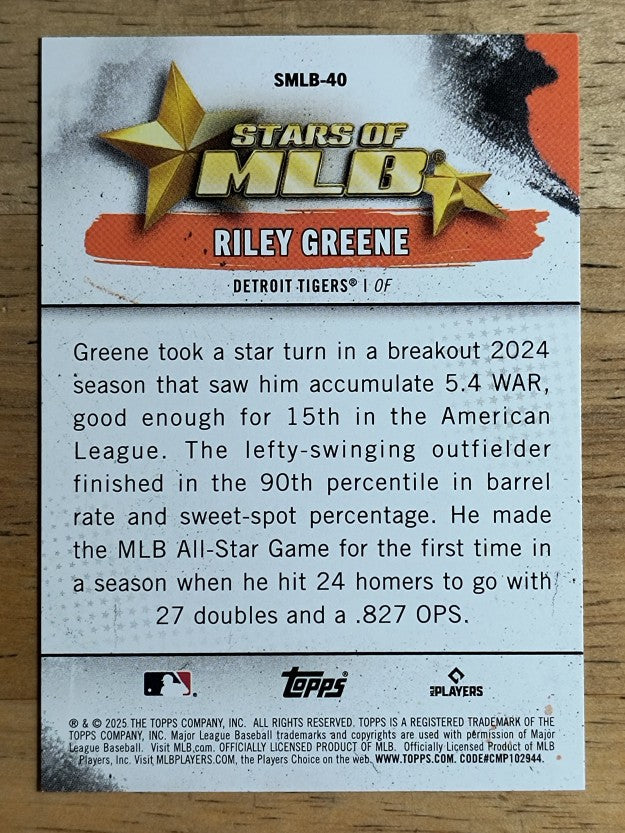 2025 Topps Stars Of MLB #SMLB40 Riley Greene