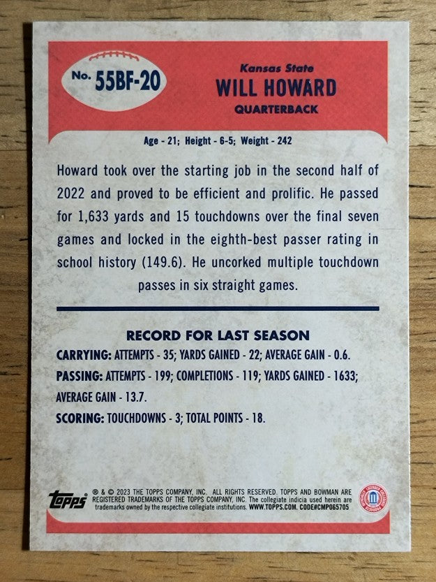 2023 Bowman Chrome University '55 Bowman #55BF20 Will Howard