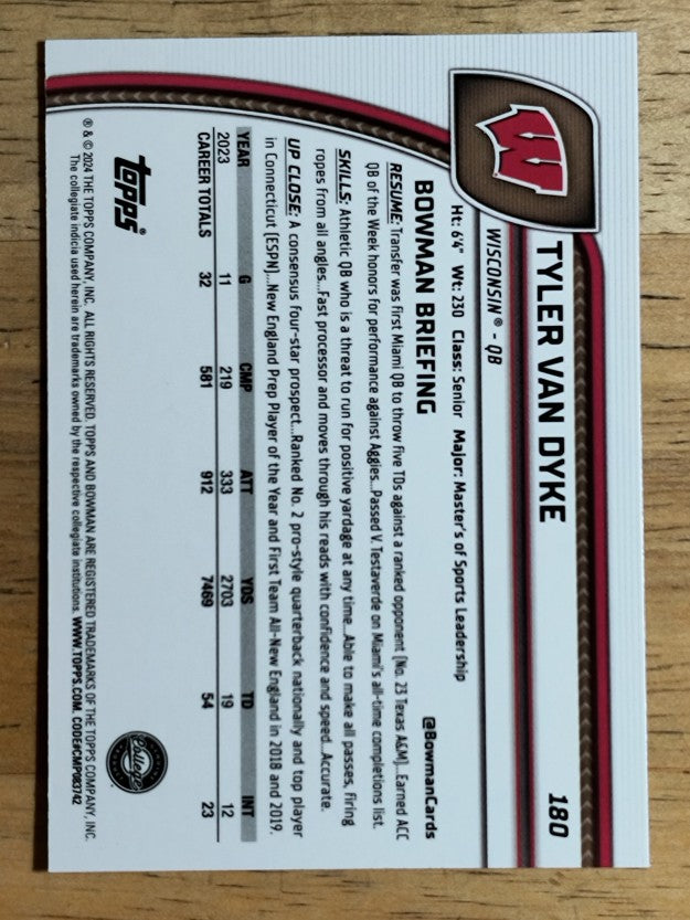 2024 Bowman Chrome University Purple Refractors #180 Tyler Van Dyke