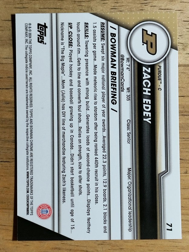 2023-24 Bowman Chrome University Sapphire #71 Zach Edey