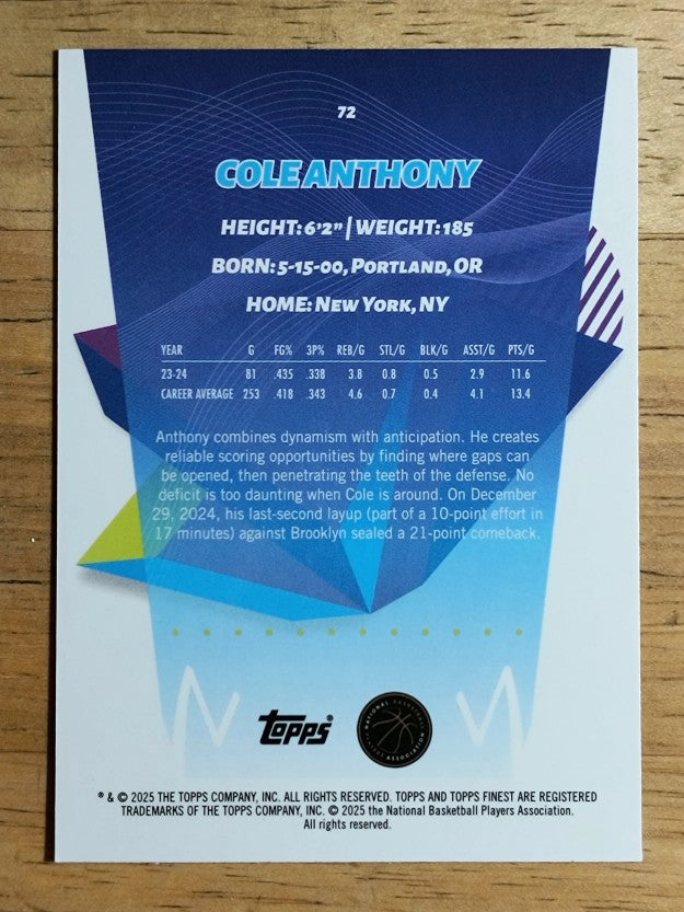 2024-25 Finest Green Geometric Refractors #72 Cole Anthony C