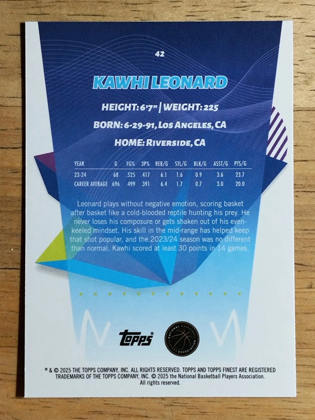 2024-25 Finest Sky Blue Refractors #42 Kawhi Leonard C