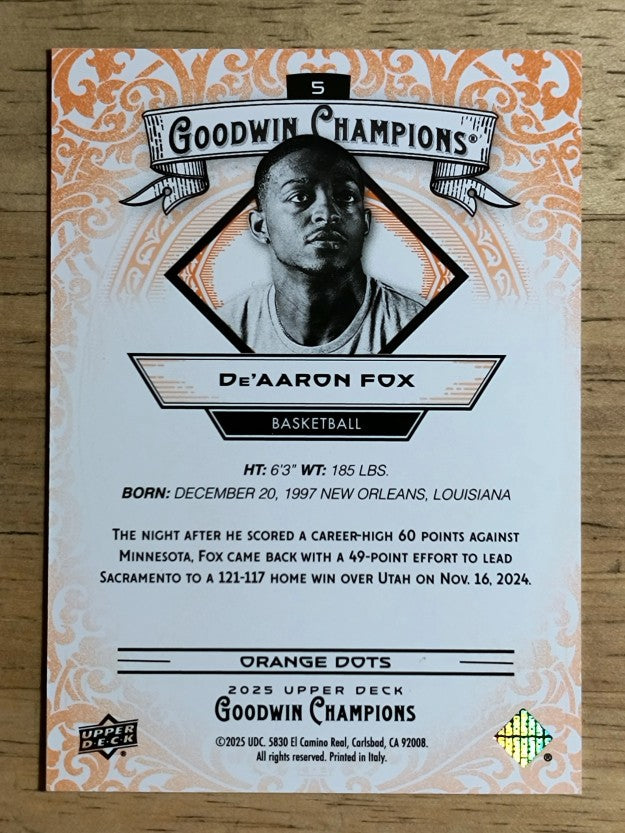 2025 Upper Deck Goodwin Champions Orange Dots #5 De' Aaron Fox