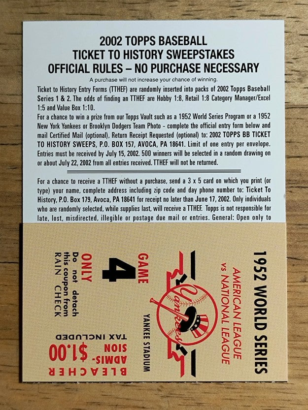 2002 Topps Ticket to History #4 1952 World Series Game 4 Yankees