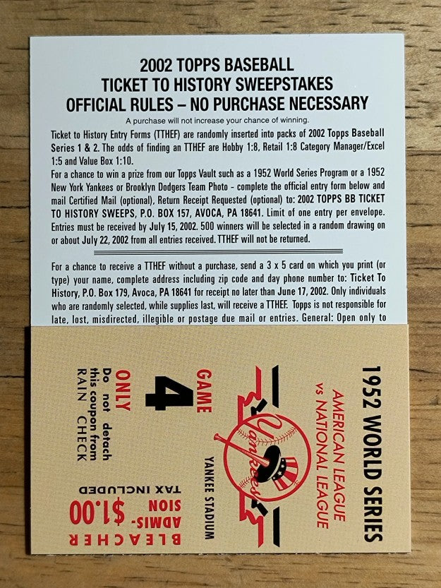 2002 Topps Ticket to History #4 1952 World Series Game 4 Yankees