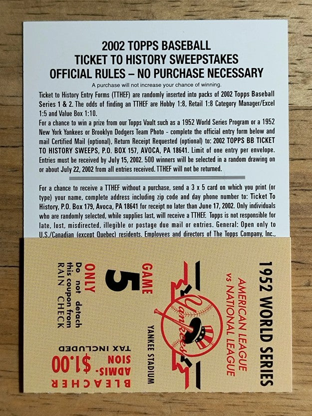 2002 Topps Ticket to History #5 1952 World Series Game 5 Yankees