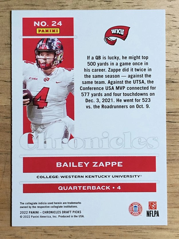 2022 Panini Chronicles Draft Picks #24 Bailey Zappe