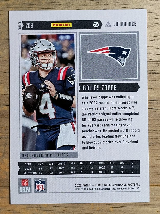 2022 Panini Chronicles Luminance Update Vertical Rookies #209 Bailey Zappe