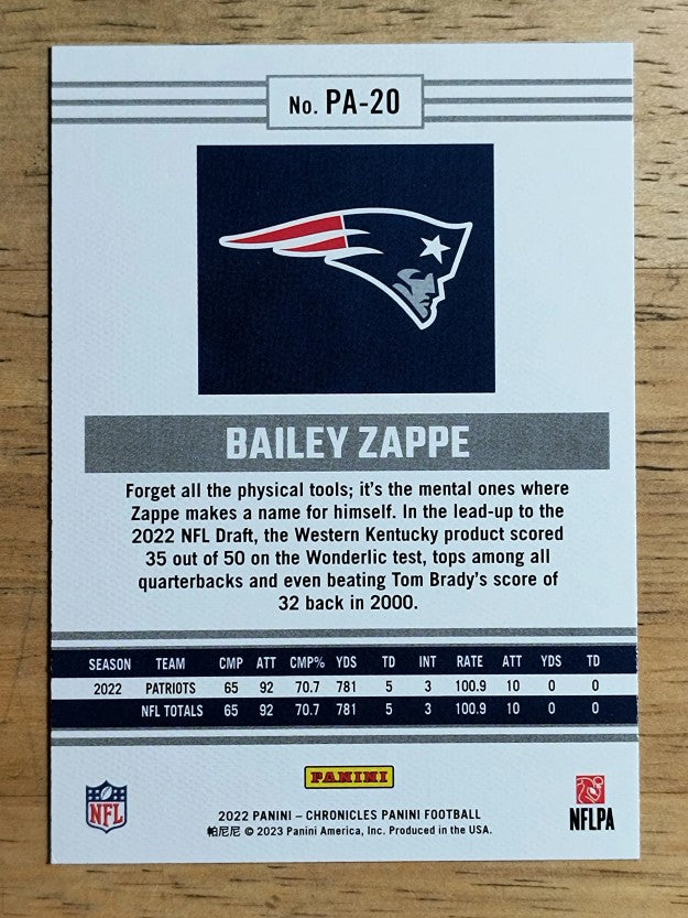 2022 Panini Chronicles Panini Teal #20 Bailey Zappe