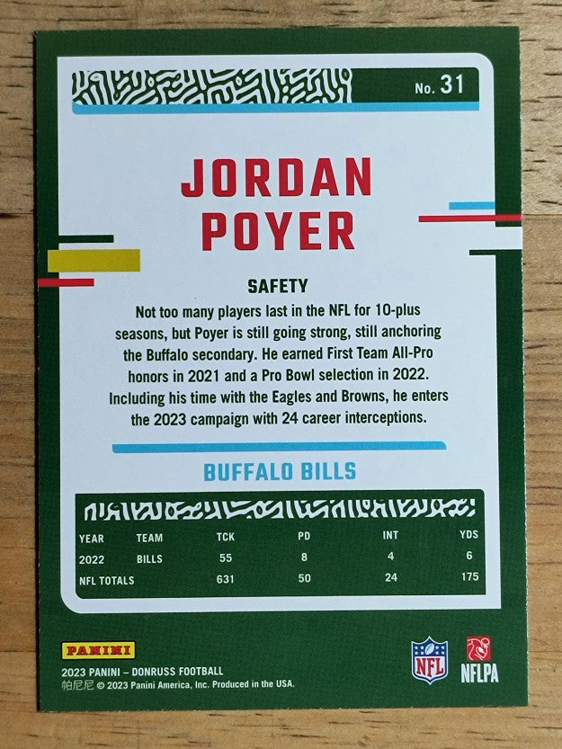 2023 Donruss Press Proof Yellow #31 Jordan Poyer