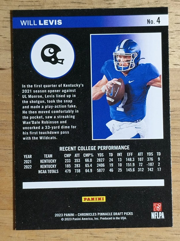 2023 Panini Chronicles Draft Picks Pinnacle #4 Will Levis