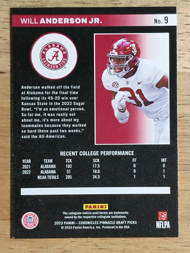 2023 Panini Chronicles Draft Picks Pinnacle #9 Will Anderson Jr.