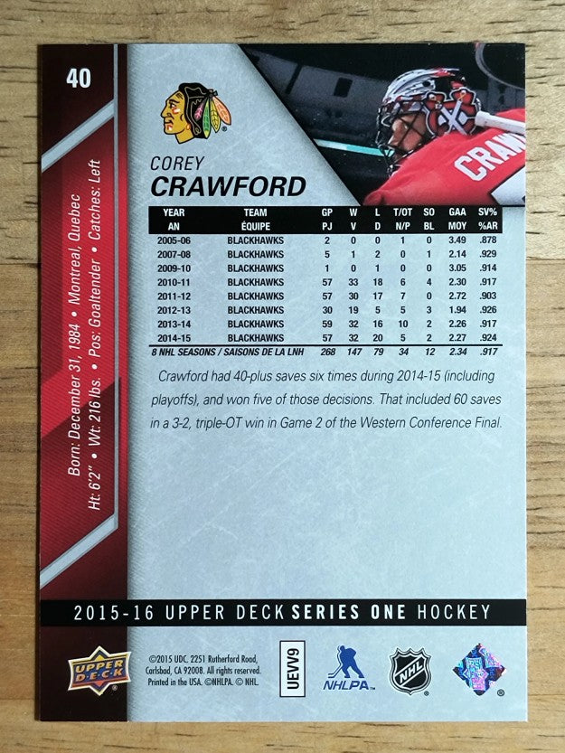 2015-16 Upper Deck #40 Corey Crawford