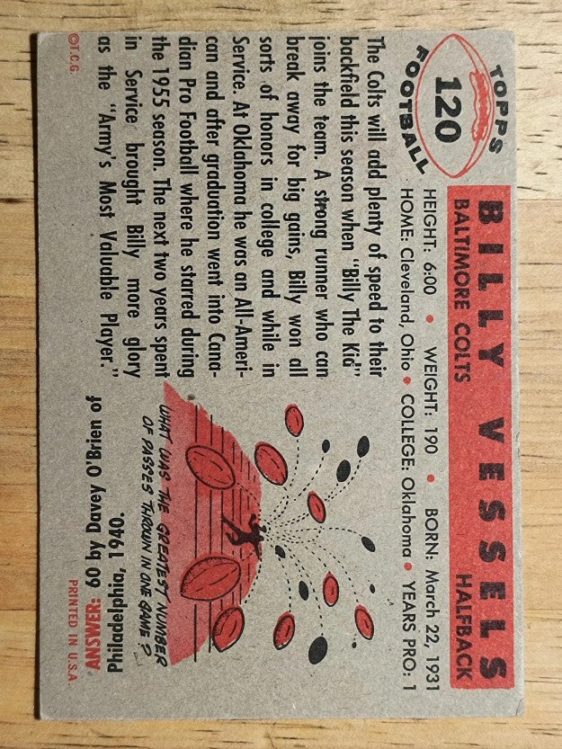 1956 Topps #120 Billy Vessels RC (VGEX)
