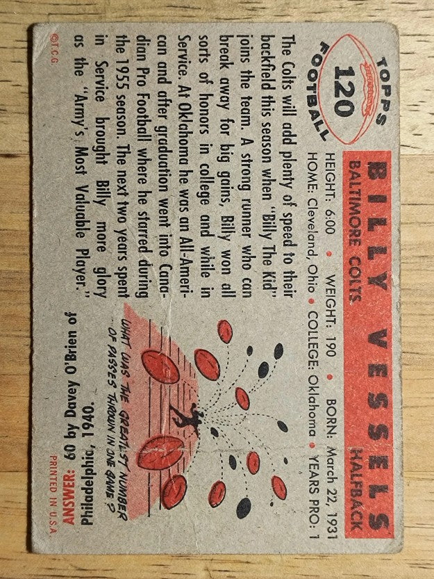 1956 Topps #120 Billy Vessels RC (GOOD)