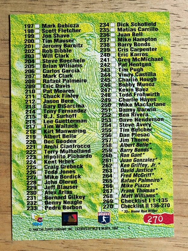 1994 Stadium Club #270 Checklist 136-270