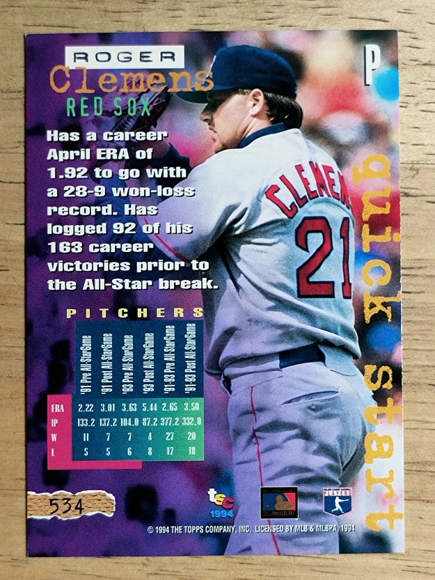 1994 Stadium Club #534 Roger Clemens QS