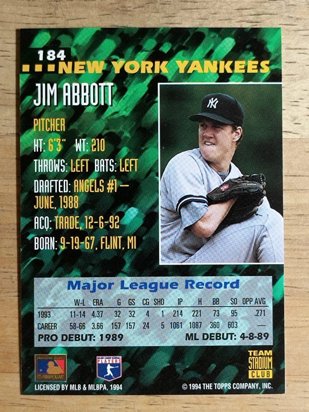 1994 Stadium Club Team #184 Jim Abbott