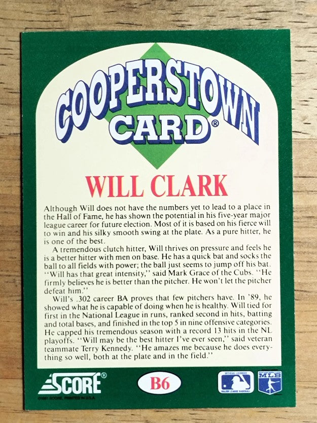 1991 Score Cooperstown #B6 Will Clark