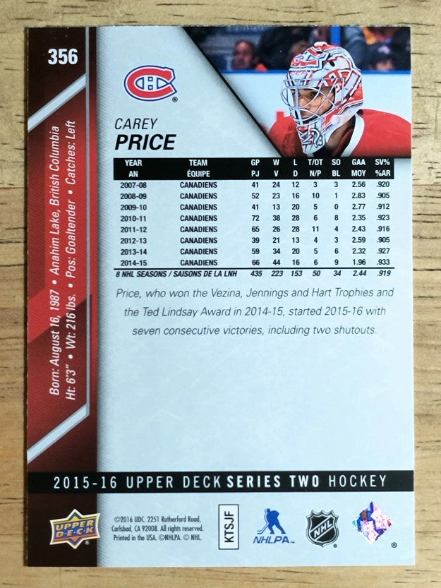 2015-16 Upper Deck #356 Carey Price