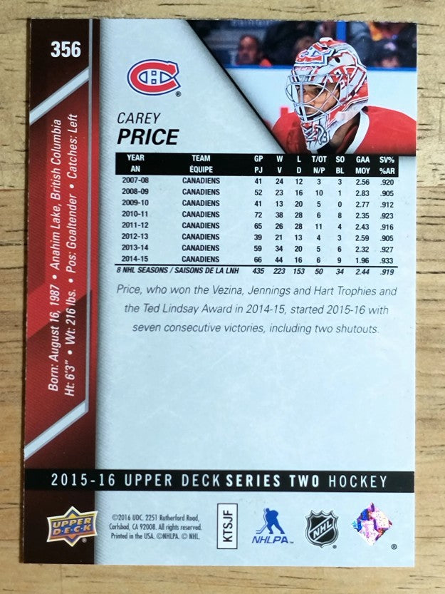2015-16 Upper Deck #356 Carey Price