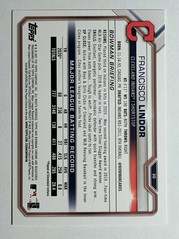 2021 Bowman #30 Francisco Lindor