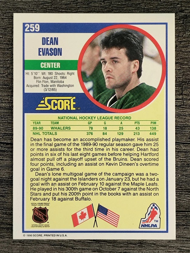 1990-91 Score #259B Dean Evason COR/photo is correct