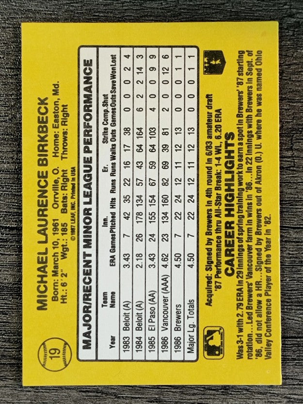 1987 Donruss Rookies #19 Mike Birkbeck
