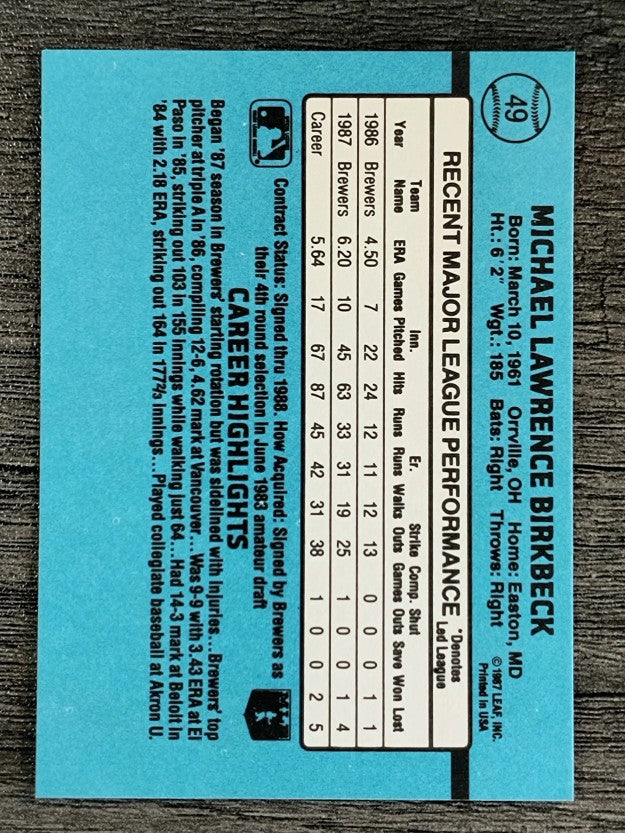 1988 Donruss #49 Mike Birkbeck