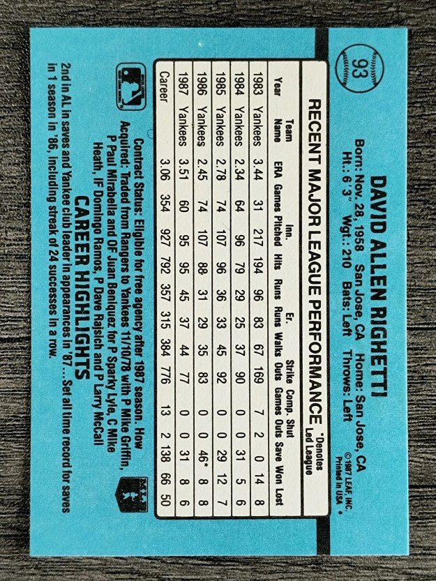 1988 Donruss #93 Dave Righetti