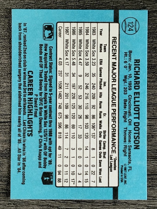 1988 Donruss #124 Richard Dotson
