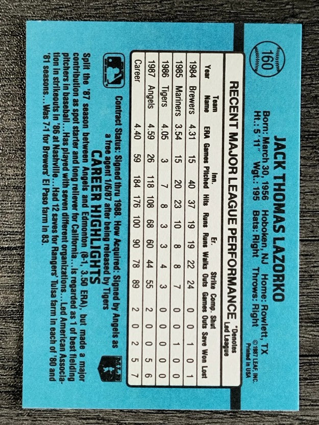 1988 Donruss #160 Jack Lazorko
