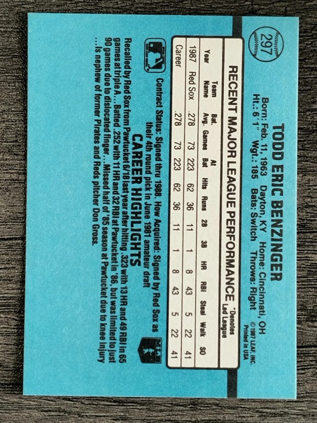 1988 Donruss #297 Todd Benzinger RC