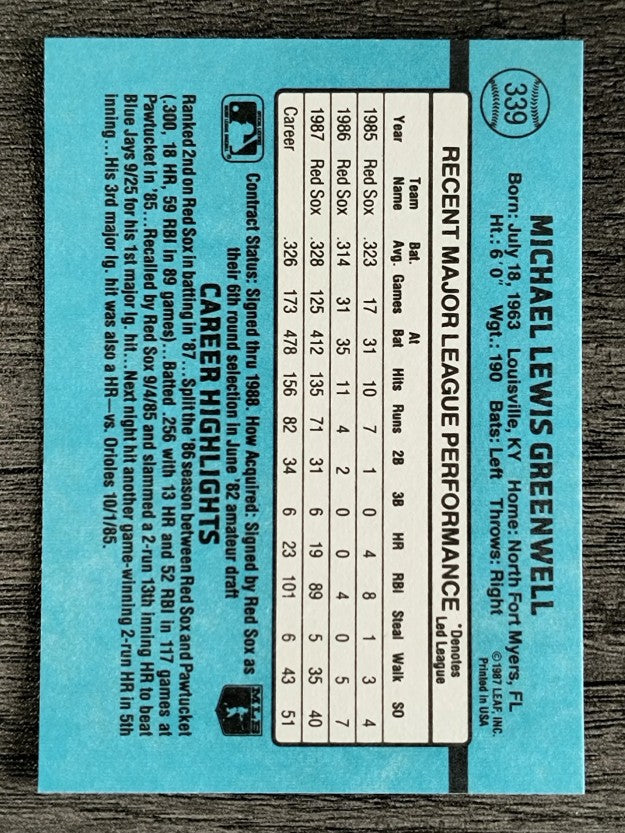 1988 Donruss #339 Mike Greenwell