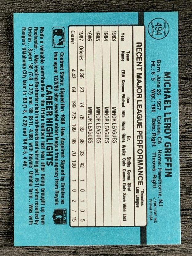 1988 Donruss #494 Mike Griffin