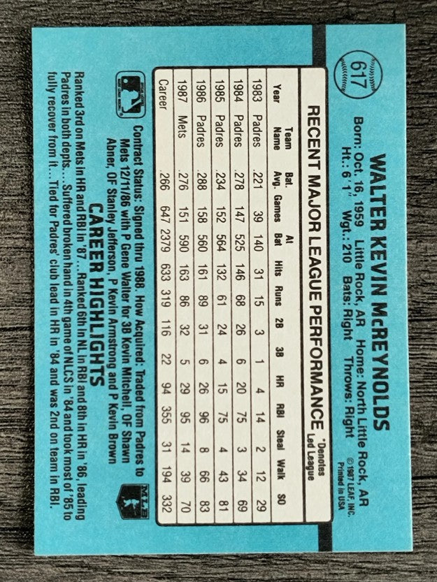 1988 Donruss #617 Kevin McReynolds SP