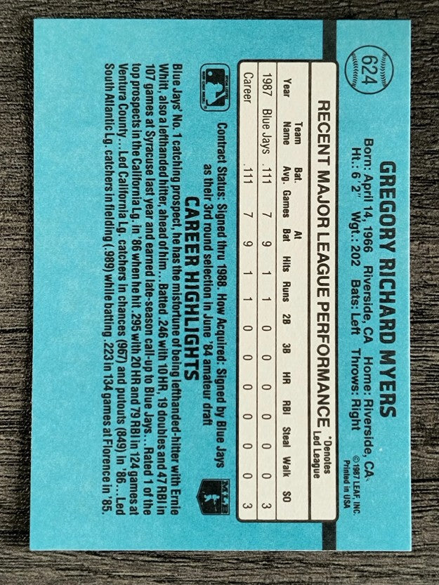 1988 Donruss #624 Greg Myers RC