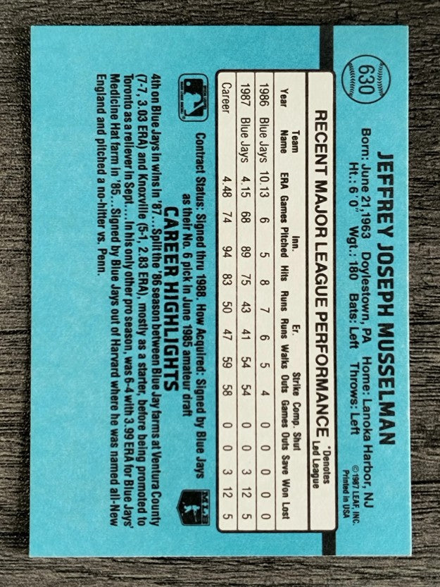 1988 Donruss #630 Jeff Musselman SP