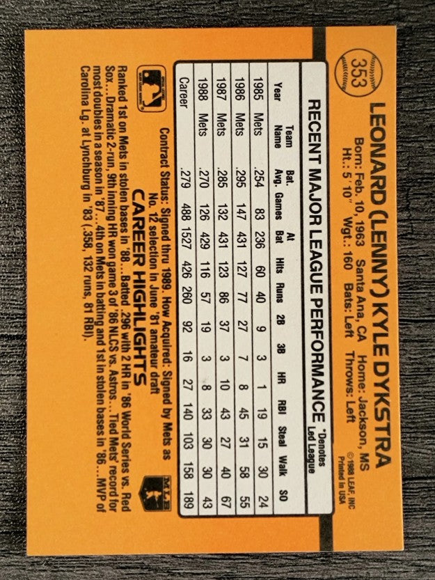 1989 Donruss #353 Len Dykstra