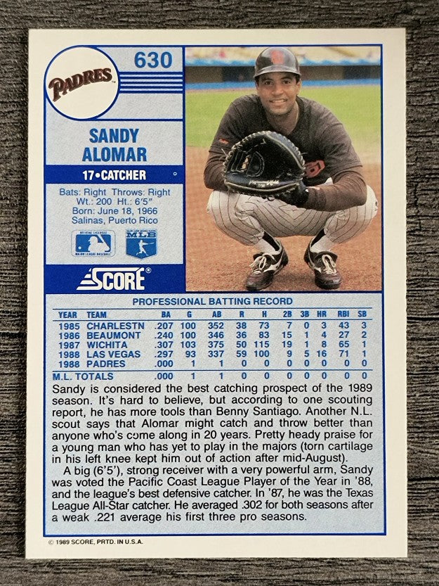 1989 Score #630 Sandy Alomar Jr. RC