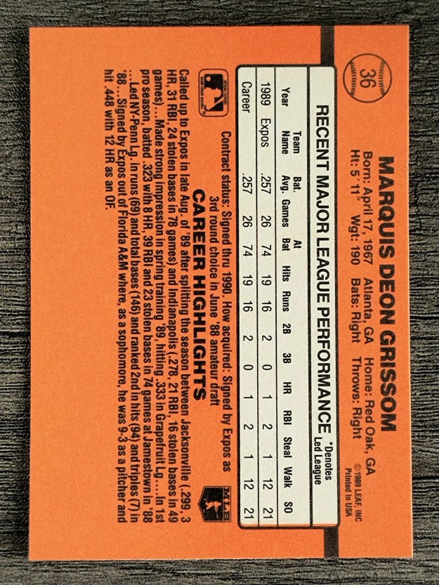 1990 Donruss #36 Marquis Grissom RC