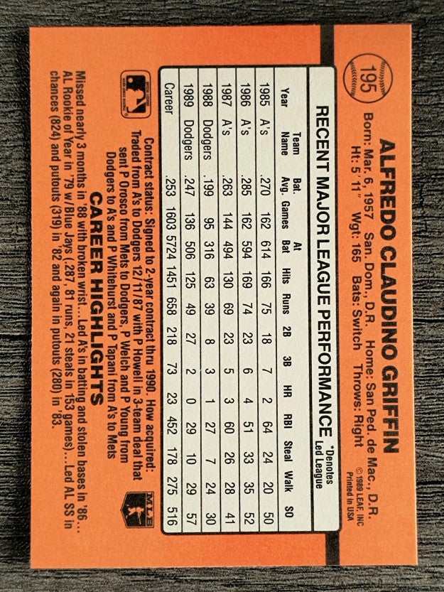 1990 Donruss #195 Alfredo Griffin