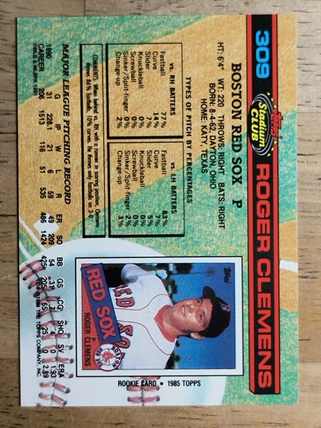 1991 Stadium Club #309 Roger Clemens