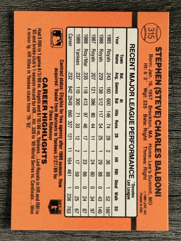 1990 Donruss #315 Steve Balboni