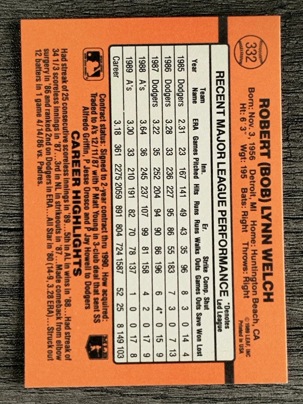 1990 Donruss #332 Bob Welch